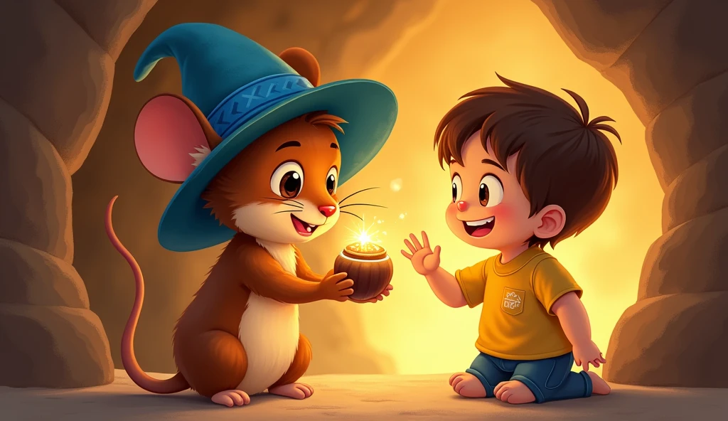 Show Remy, the liru mouse with the blue hat, holding the magical nut proudly, while Léo ((the boy)), in his yellow shirt, looks on with excitement. The cave interior is warm and glowing, highlighting the preciousness of the nut and the joy of the moment