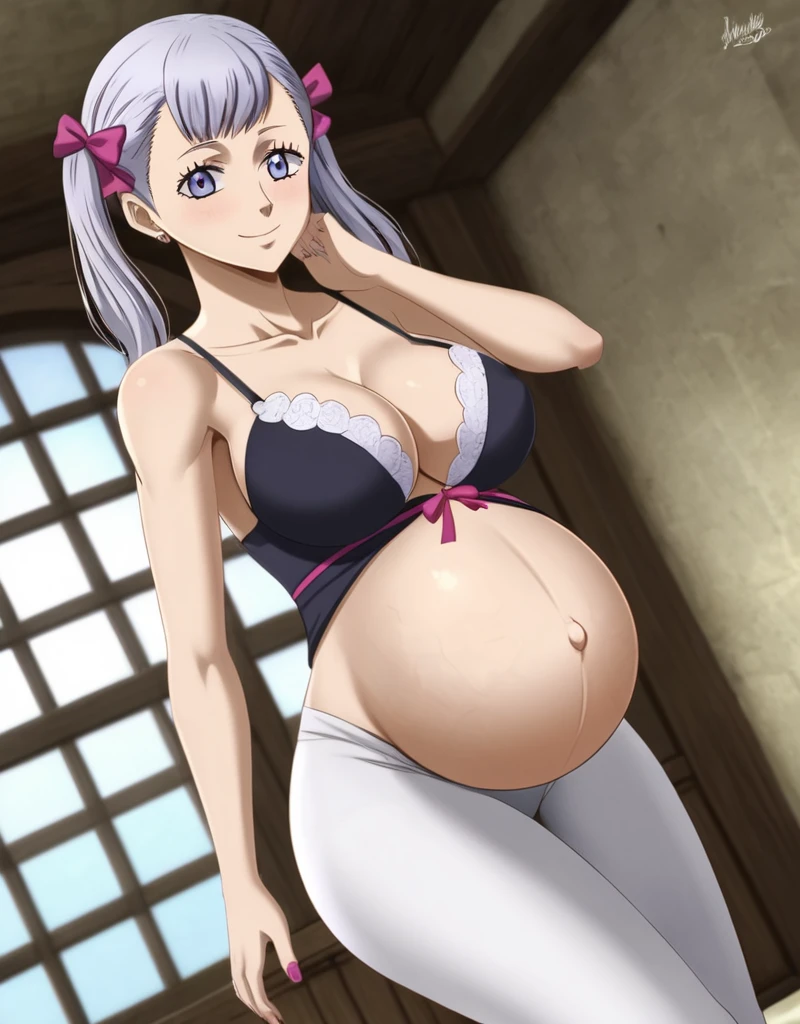 noelle_blackclover, Noelle Silva, Black Clover, long silver hair, waist-length hair, half-up half-down hairstyle, ribbon, side-parted bangs, almond-shaped blue eyes, high-quality, ultra-detailed, beast quality, 8K resolution,
looking at viewer, dutch angle, cowboy shot, smile, pregnant belly, large belly, big belly, big Breasts, belly button,
1girl,solo, indoors, happy, Smiling, rub belly,
full body, Nail polish,