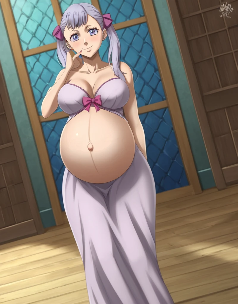 noelle_blackclover, Noelle Silva, Black Clover, long silver hair, waist-length hair, half-up half-down hairstyle, ribbon, side-parted bangs, almond-shaped blue eyes, high-quality, ultra-detailed, beast quality, 8K resolution,
looking at viewer, dutch angle, cowboy shot, smile, pregnant belly, large belly, big belly, big Breasts, belly button,
1girl,solo, indoors, happy, Smiling, rub belly,
full body, Nail polish,