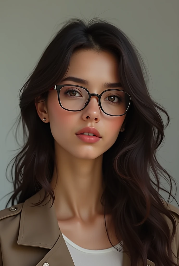 Make a girl out of , dark brown hair, long wavy, myopic, square glasses, Bullish, slim, Caucasian skin