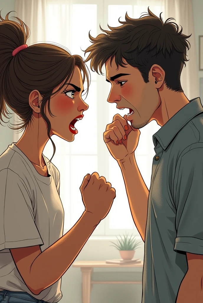 Draw an angry girl arguing with her boyfriend but he is not angry, He is looking at her with his head resting on his hand and smiling with his mouth closed. (Use, quiero A drawing, not something in 3d, A drawing)