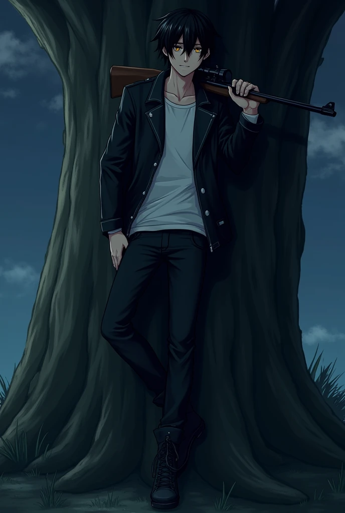 Anime style adult male with black hair covering his left eye, yellow eye color, has a little smile, They wear a black jacket with a white shirt, long black pants, with military boots, He holds a rifle in his right hand and is supporting it with his right shoulder., It is in a tree leaning against the trunk, it is nighttime.