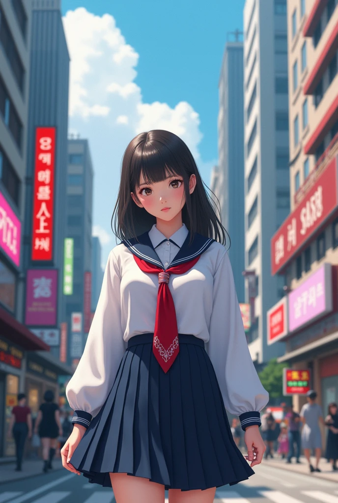 (((masterpiece))), (((best quality))), ((ultra-detailed)), ((an extremely delicate and beautiful)), (unity 8k wallpaper), (super detailed skin), (perfect anatomy), (intricate composition), ((depth of field)), practical light, solo, 1girl, Japanese, , cute, baby face, fr, brown hair, beauty, brown eyes, beautiful detailed eyes, dashed eyes, her eyes slightly open, bangs, asymmetrical bangs, forehead, eyeshadow, faint lips, visible ears, crowd, kawaii face, cute face, beauty face, thin thighs, little smile, pursed lips, (middle hair), , blazer, classic style with white shirt and plaid skirt, formal look
