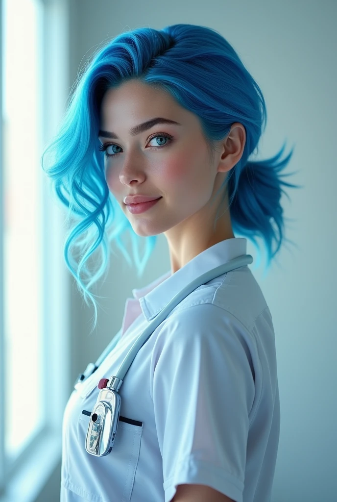 Make a nurse with her blue hair with a good body 
