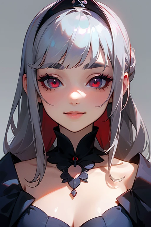 (Highest quality, masterpiece:1.2), High resolution, The highest masterpiece、Very detailed, Realistic:1.37, Fantasy, An illustration,Gray Hair、 Red eyes、Queen, Navy and blue dress、beautifully、Eyeshadow Red、Thick eyebrows、Long eyelashes、pupils are black、shiny on the lips、Top Sites、Queen、PRİNCESS、A kind smile、Soft impression、people々々Loved by、Slimming the face、Shoulder Bare、ponytail、Kissing Face、Long white hair、Shaggy Bangs、(Save face image).(Gothicta)、(A kind smile)、(Background white)、