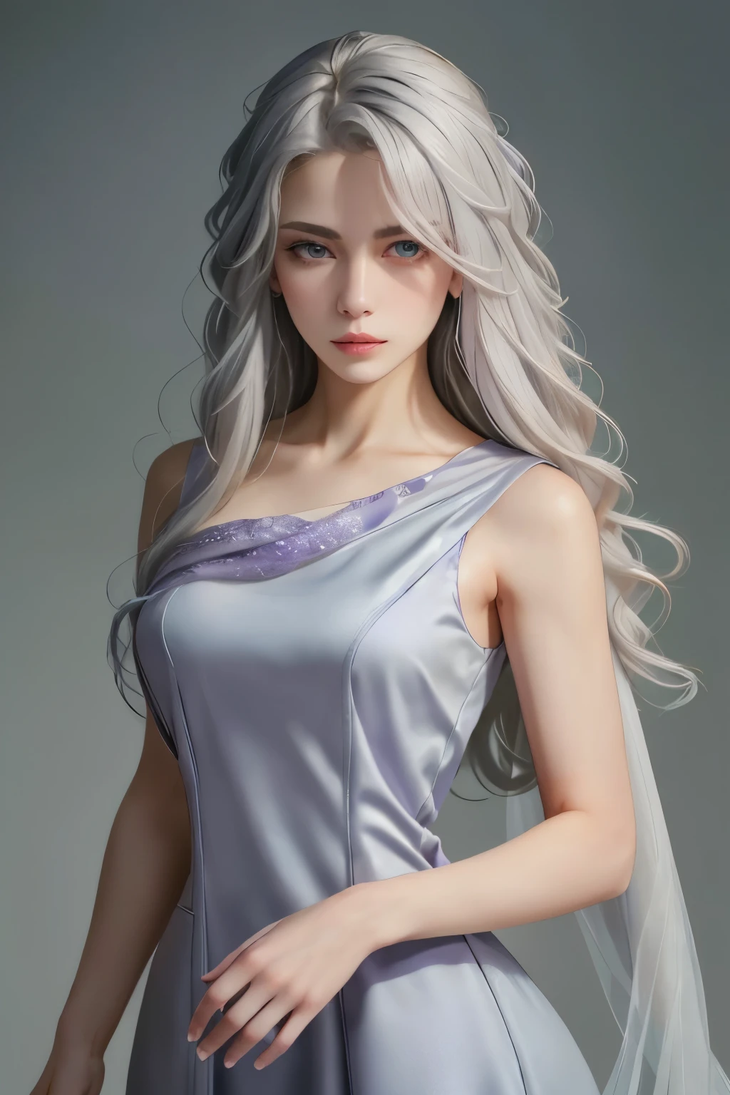 (oil, masterpiece, highest quality, Super detailed, Focus on the characters), Young woman, pale skin, ((a long gray hair)). ((a elegant purple sleeveless dress)).  She has a serene expression. ((Looking straight ahead)), the background is a soft light blue gradient, giving the image an ethereal and calm feel