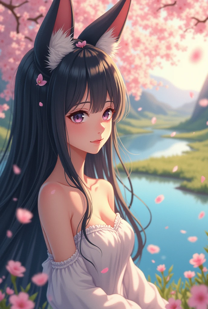 anime, 1 girl,black fur, by the floating, playa,scenery,landscape,Cherry blossoms, petals falling, Sun ray,Upper part of the body, without clothes COLOR,dress,kimono