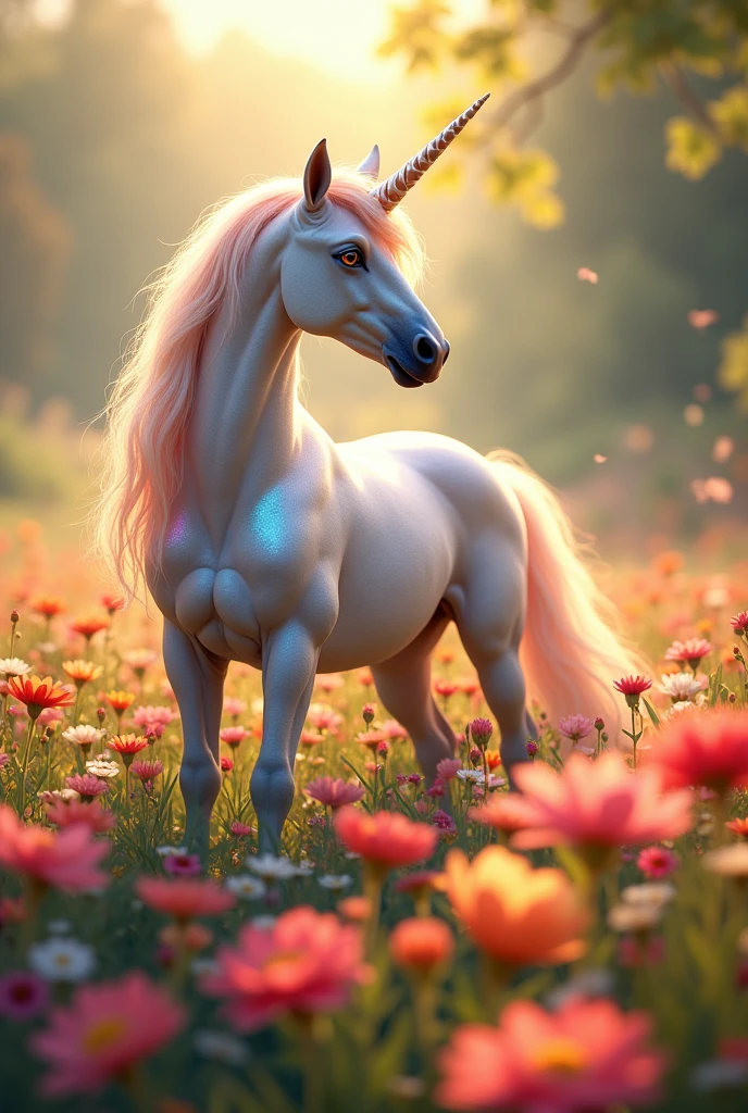 A beautiful and colorful unicorn in a beautiful field of flowers