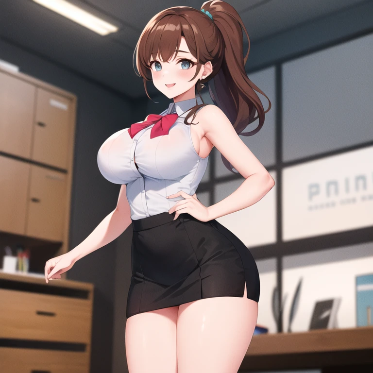 masterpiece, Highest quality, High resolution, （One Woman）、Brown Hair、Ponytail hairstyle、1990s \(style\),、(Big Breasts)、tall 、Slim figure、Beauty Office Lady、Black mini skirt、White sleeveless shirt、High heels、Black innerwear、Background in the office、smile、sexy