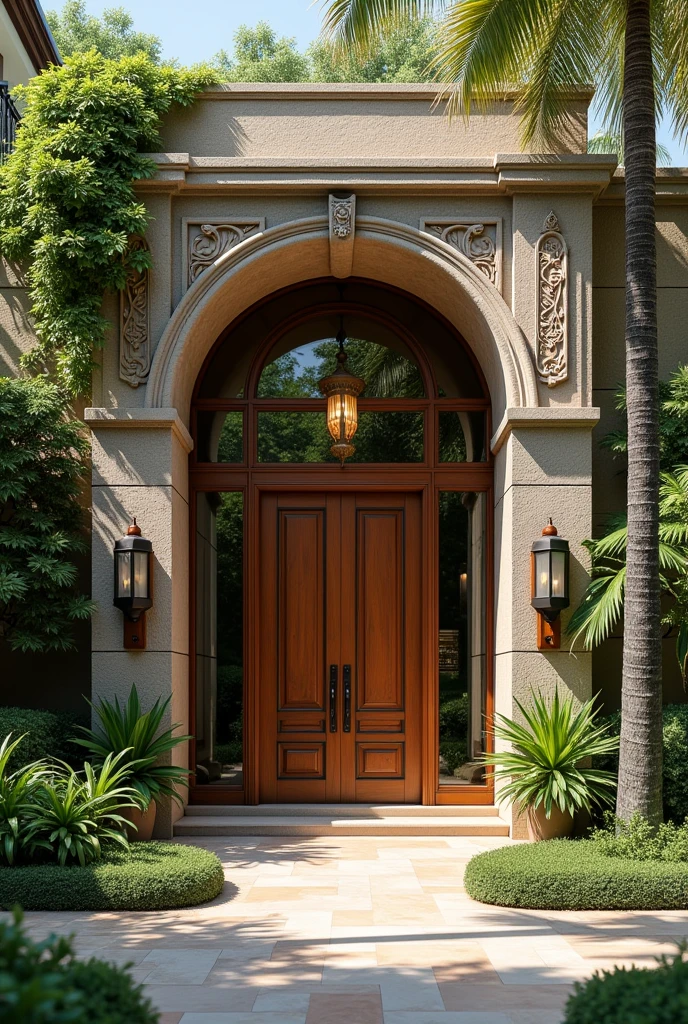 realistic photo, facade of a modern style colonial gourmet restaurant, with large windows, High ceilings, Main materials rustic rock and carved wood, high entrance door, with many trees and plants around and green areas and a botanical garden in the background