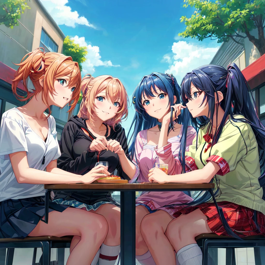 Three people sitting together at a table, slice of life anime, anime girls, official anime still, Official Fan Art, ecchi anime style, in anime style, ( ( ( anime ) ) ), official studio anime still, 京都animeーション風, Hololive, realistic anime artstyle, digital anime art!!, High-quality artwork