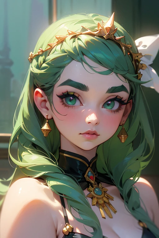 (Highest quality, masterpiece:1.2), High resolution, Very detailed, Realistic:1.37, Fantasy, An illustration, Green Eyes、Queen, Platinum decoration、beautifully、Eyeshadow Red、Thick eyebrows、Long eyelashes、pupils are black、Her hair is light green、Embarrassing、people々々々々々々Loved by、Shoulder Bare、Braiding、((Swimwear)).(Save face image),((Drink a drink)).