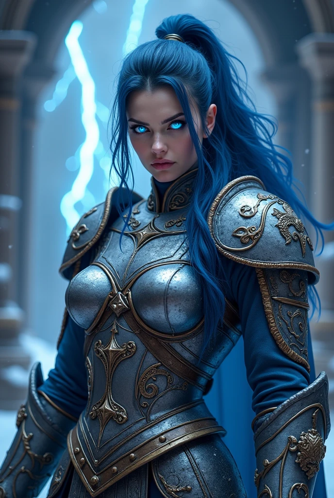 Aletta Ocean, angry evil beautiful and muscular, Nordic female, towering storm Giantess with blue black hair in a ponytail, older and mature woman, throwing a lightning ball, celtic glowing tattoos, wearing nordic steel runic plate mail Armour , temple cave background with lightning storm, glowing blue eyes, square jaw, powerful and imposing, winter clothing, pale blue purple skin, ((full plate celtic dragon armour)), nordic tattoos, fit bodybuilder, facing the camera , ultra detailed