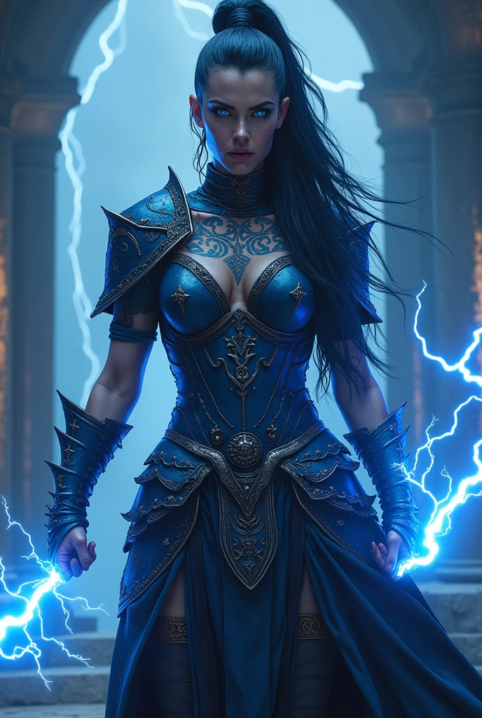Aletta Ocean, angry evil beautiful and muscular, Nordic female, towering storm Giantess with blue black hair in a ponytail, older and mature woman, throwing a lightning ball, celtic glowing tattoos, wearing nordic steel runic plate mail Armour , temple cave background with lightning storm, glowing blue eyes, square jaw, powerful and imposing, winter clothing, pale blue purple skin, ((full plate celtic dragon armour)), nordic tattoos, fit bodybuilder, facing the camera , ultra detailed