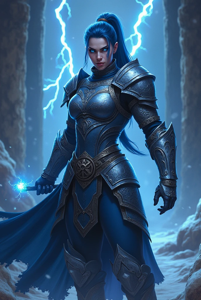 Aletta Ocean, angry evil beautiful and muscular, Nordic female, towering storm Giantess with blue black hair in a ponytail, older and mature woman, throwing a lightning ball, celtic glowing tattoos, wearing nordic steel runic plate mail Armour , temple cave background with lightning storm, glowing blue eyes, square jaw, powerful and imposing, winter clothing, pale blue purple skin, ((full plate celtic dragon armour)), nordic tattoos, fit bodybuilder, facing the camera , ultra detailed