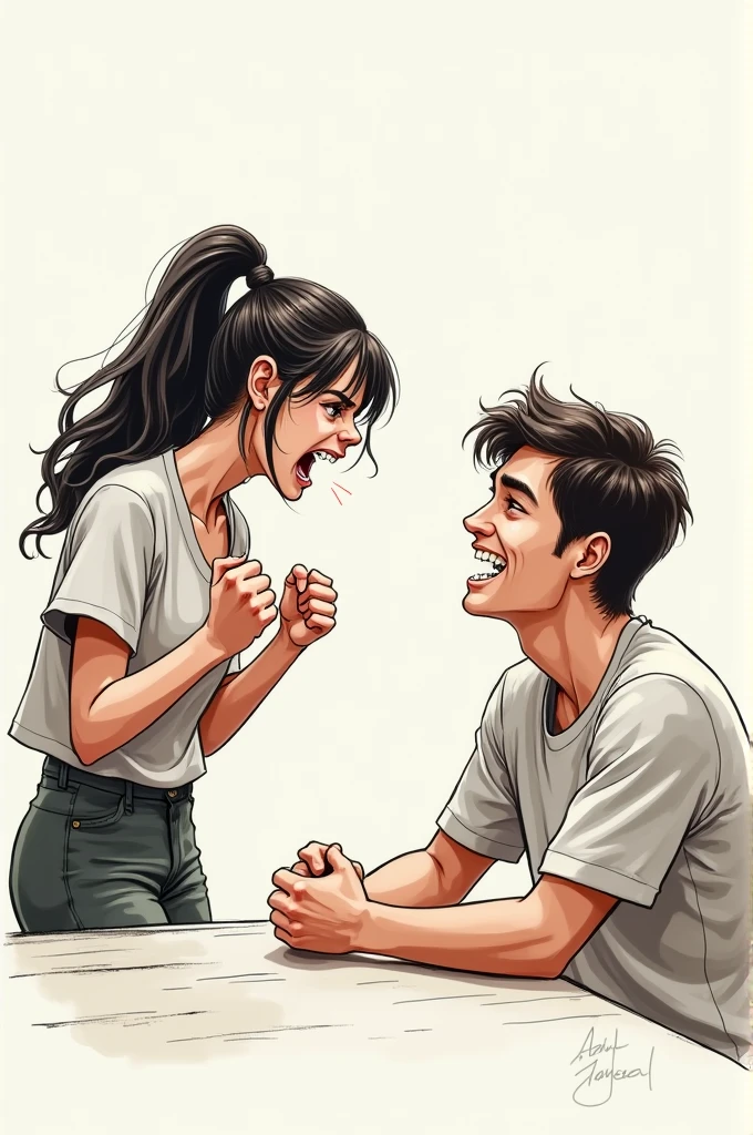 Draw an angry girl arguing with her boyfriend but he is not angry, He is looking at her with his head resting on his hand and smiling. (Use, quiero A drawing, not something in 3d, A drawing)