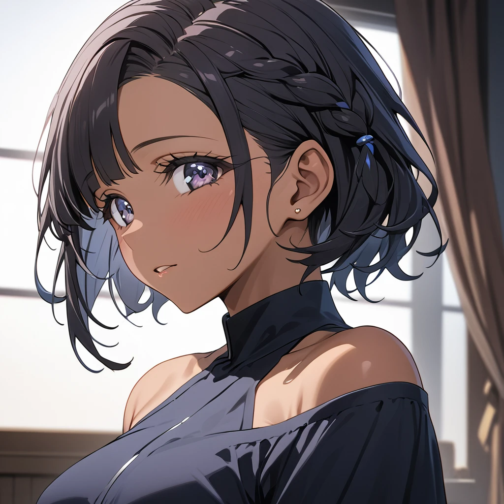 ((Highest quality)), ((masterpiece)), (detailed), (Perfect Face)、The woman is Reika Aoki, a black woman with dark skin and short hair, braided into small braids and slicked back.