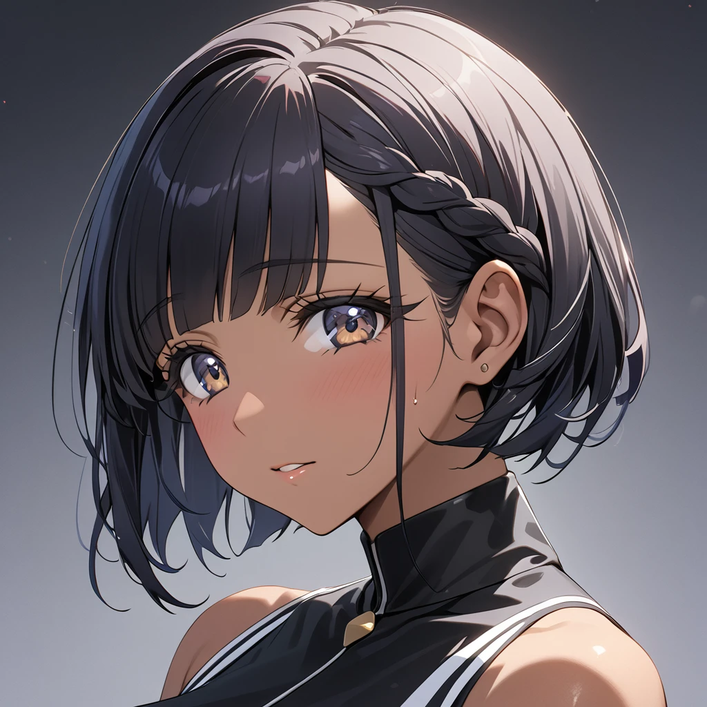 ((Highest quality)), ((masterpiece)), (detailed), (Perfect Face)、The woman is Reika Aoki, a black woman with dark skin and short hair, braided into small braids and slicked back.