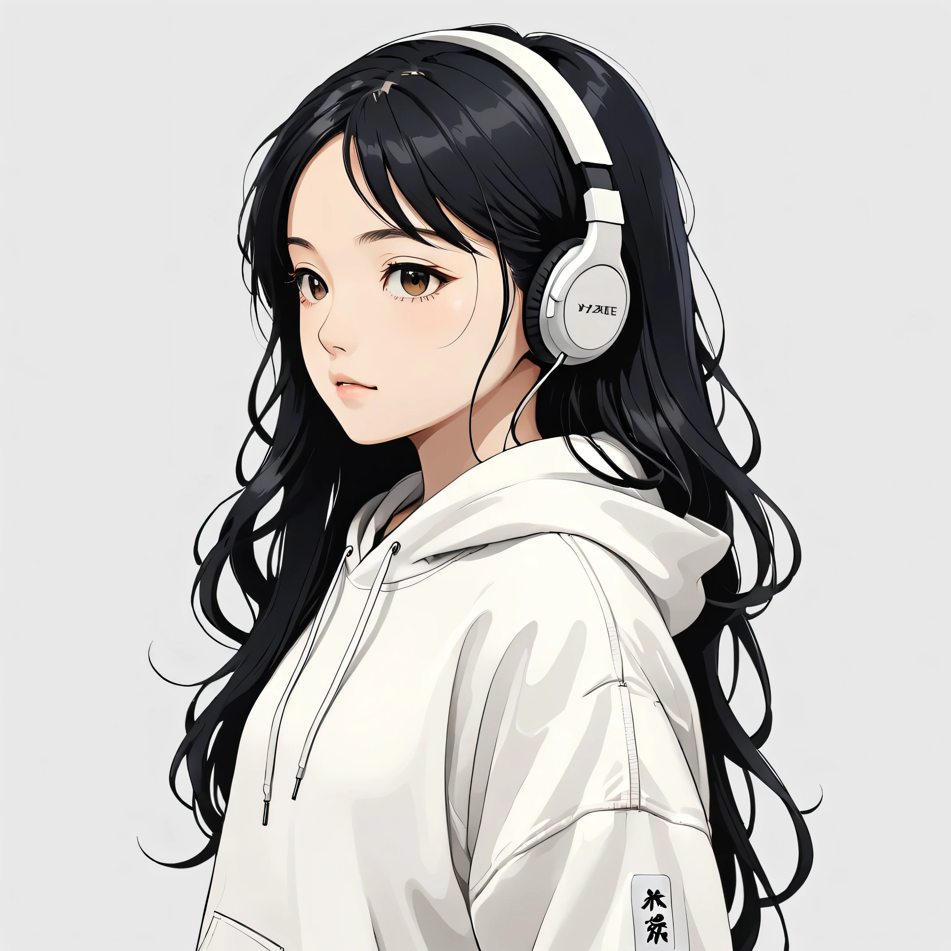 Headphones、Black Hair、Long Hair、close ~ eye、White hoodie、Upper Body、Simple Background、、Japanese