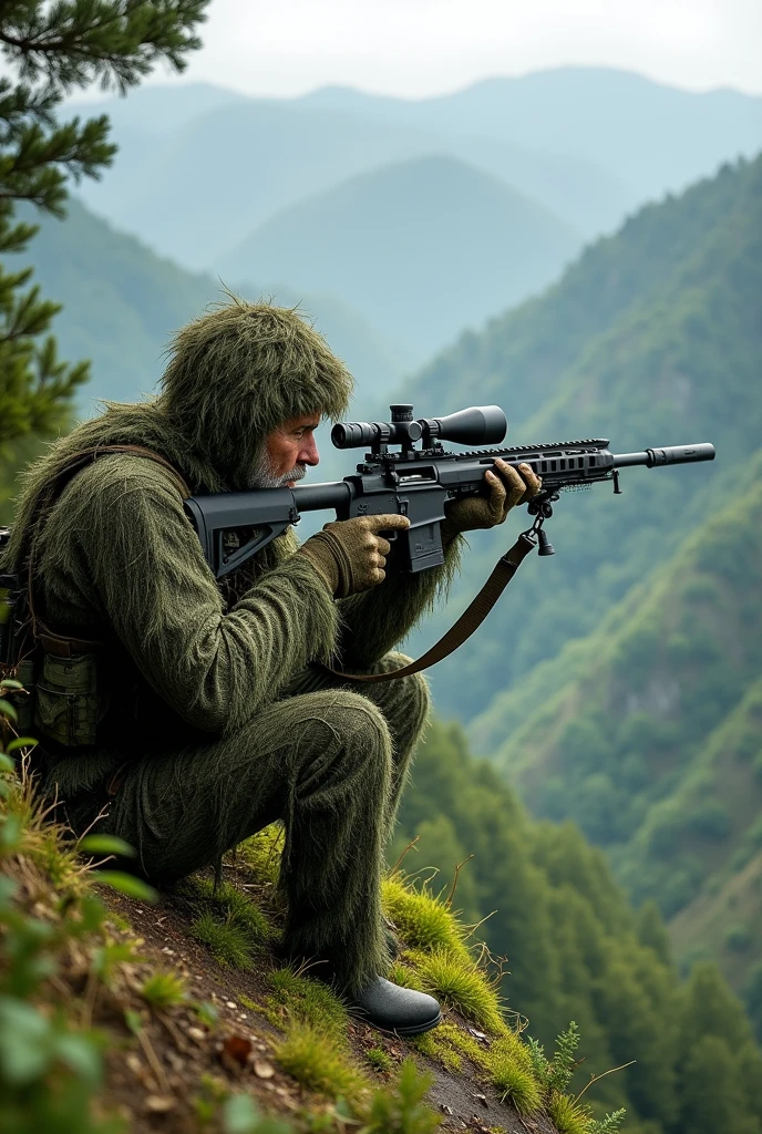 Image of a veteran sniper in ghillie camouflage with a sniper rifle in his hand on top of a green mountain