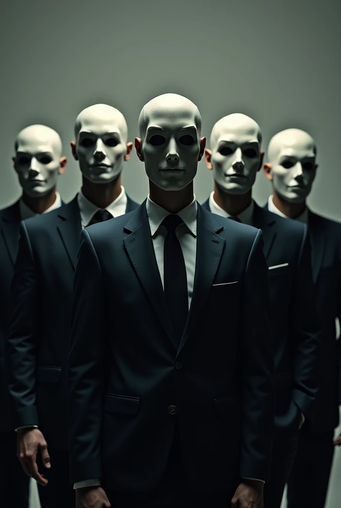 5 men in suits and with their faces covered by masks standing side by side holding a bible with a light dark background