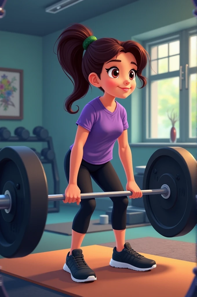 Disney-style poster with a girl in the gym, combed with ponytail dark brown hair and straight, Purple sleeved blouse and black sports leggings, black tennis shoes, doing deadlifts, taking the bar with your hands , In the background you can see dumbbells and machines