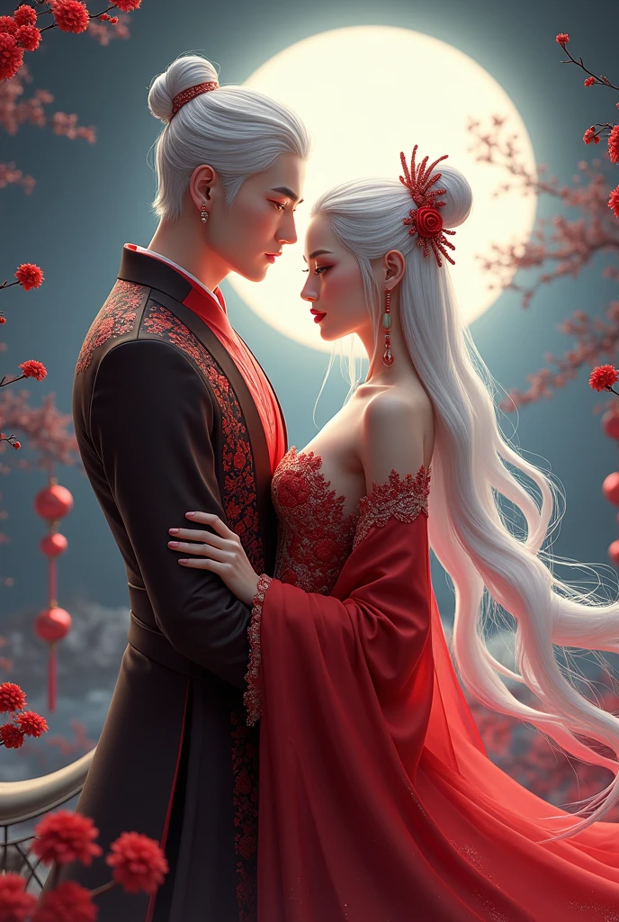 1 woman, 1 man, white hair, red lips , gorgeous, red garment, moonlight, Chinese 2d animation,ultra high resolution, 8k, 
