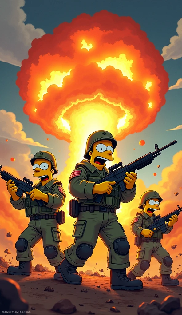 a poster of three simpsons soldiers in front of a nuclear explosion, conflict, fighting, album art, war-art style, offcial art, game cover, front cover of a new video game, promo art, Simpsons, comfort, cena de fightinge, splash art brawlstars, conceptual artwork, album cover!, very coherent stylized artwork, official fanart