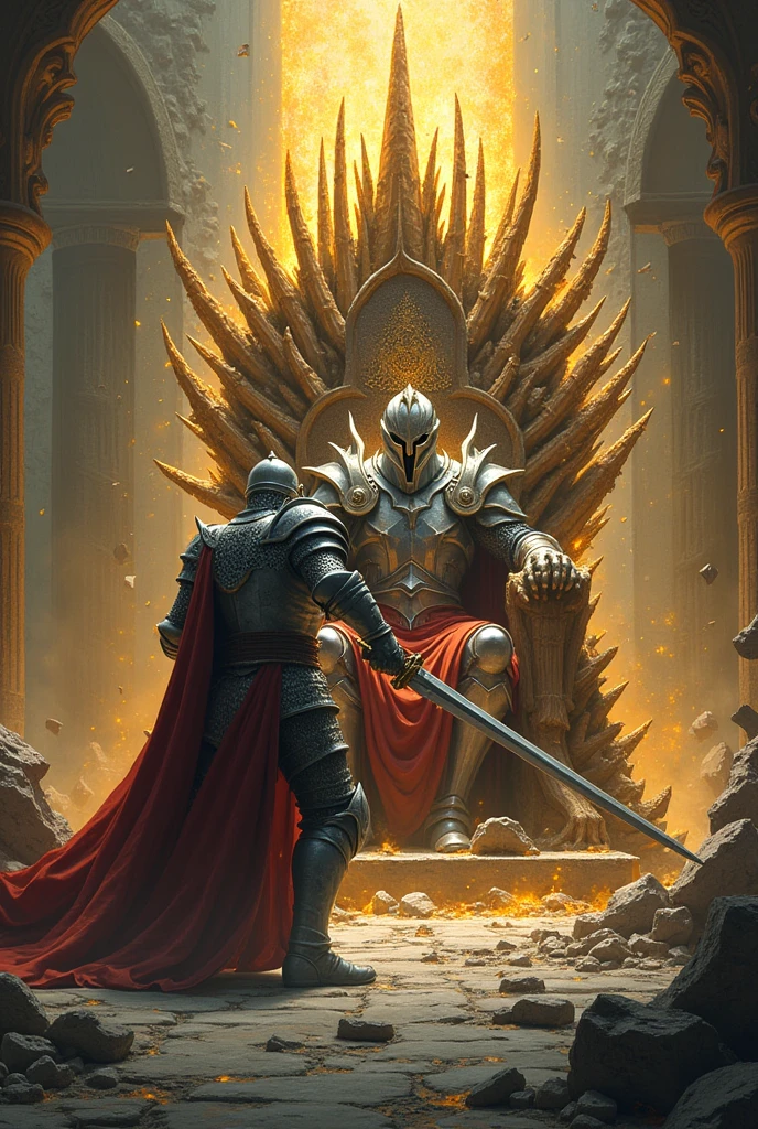 The knight, wearing silver dragon armor and holding a long sword, chops at a throne full of thorns.，The thorns shine with golden light，On the throne sat a pagan wearing a crown，The entire palace was in pieces.