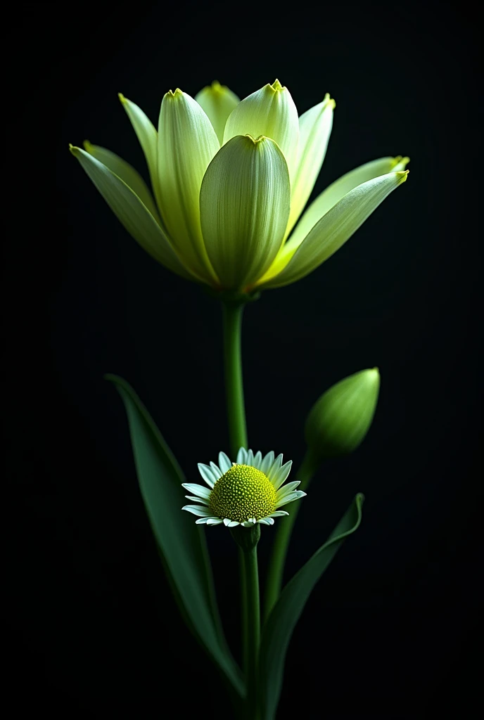 A beautiful flower with a black background that represents the letter "and"green in color, one that is small, another that is prettier 