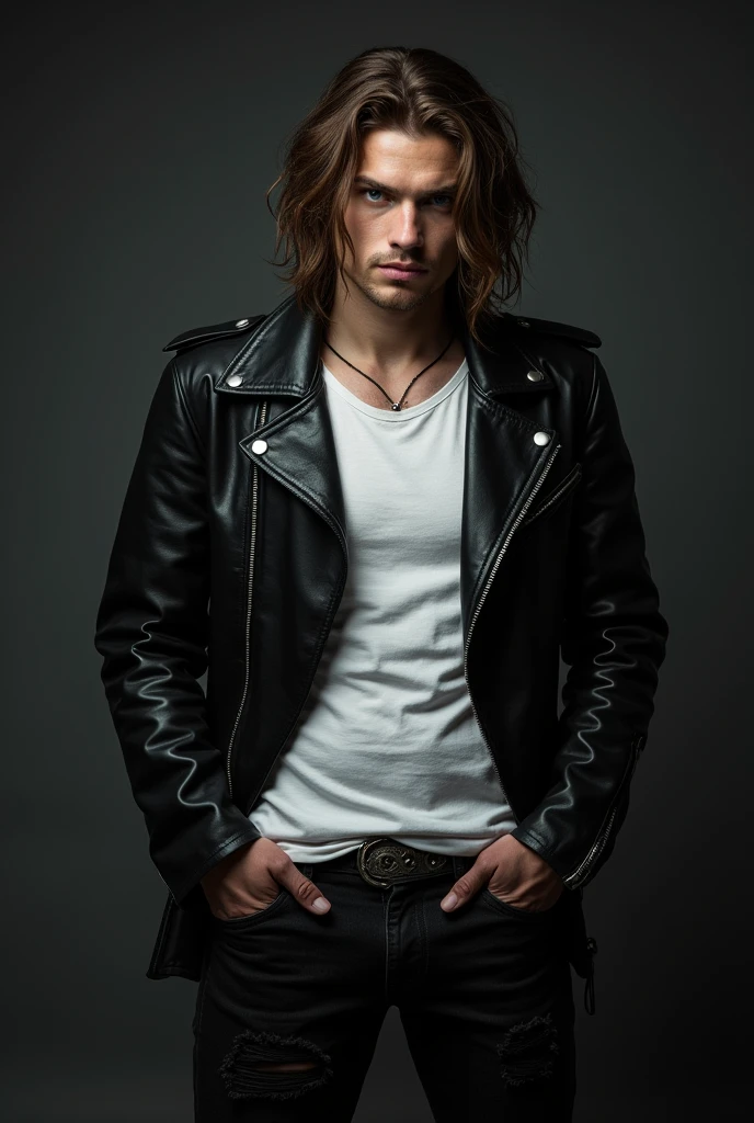 Photograph of a man with a confident expression and a cool style of "bad boy". He has long brown hair, smooth and messy that falls to the shoulders. His eyes are an intense, piercing blue, giving him a mysterious look. He wears a worn black leather jacket, a white t-shirt underneath, dark ripped jeans and black combat boots.