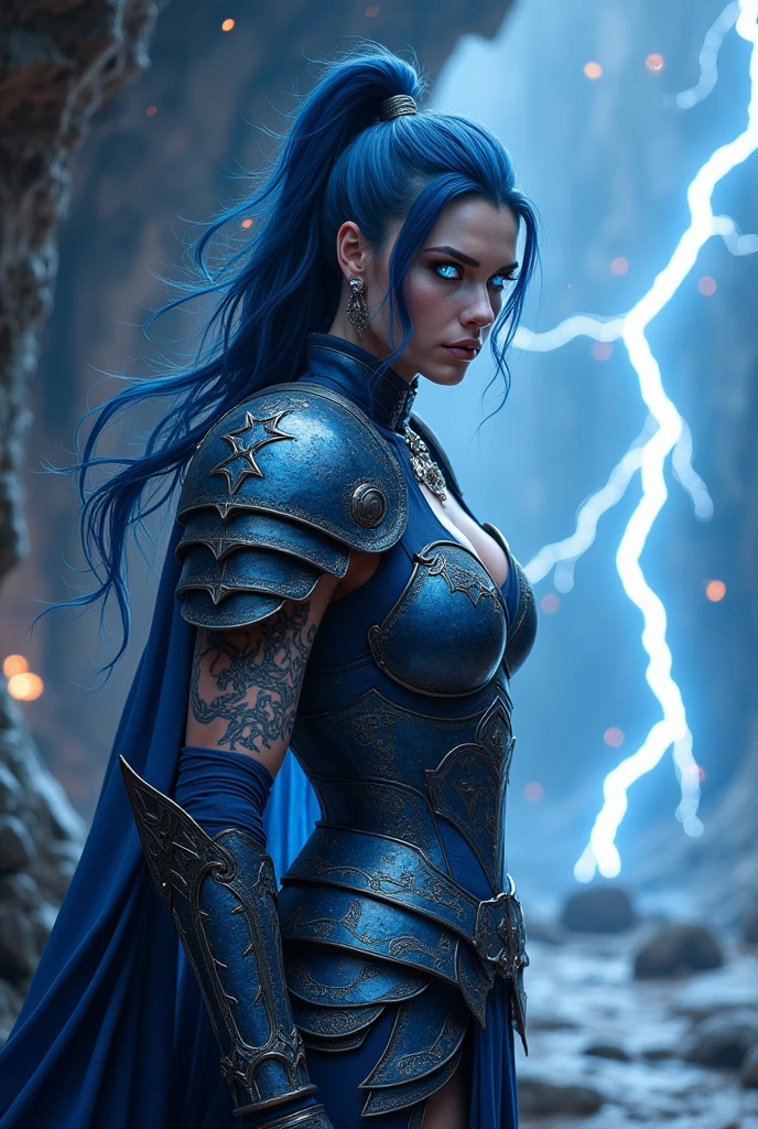 Aletta Ocean, angry evil beautiful and muscular, Nordic female, towering storm Giantess with blue black hair in a ponytail, older and mature woman, throwing a lightning ball, celtic glowing tattoos, wearing nordic steel runic plate mail Armour , temple cave background with lightning storm, glowing blue eyes, square jaw, powerful and imposing, winter clothing, pale blue purple skin, ((full plate celtic dragon armour)), nordic tattoos, fit bodybuilder, facing the camera , ultra detailed