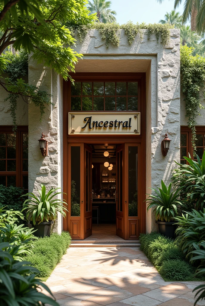 realistic photo, facade of a modern style colonial gourmet restaurant, with large windows, High ceilings, Main materials rustic rock and carved wood, high entrance door, with many trees and plants around and green areas and a botanical garden in the background and a sign that says ancestral