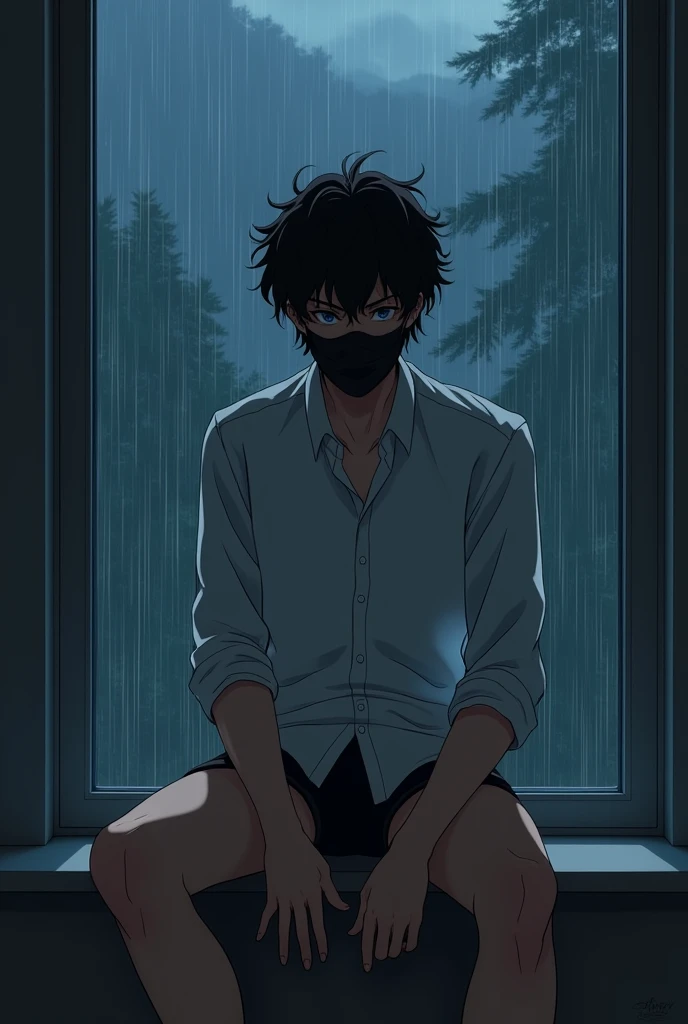 Anime boy with curly black hair, wearing a white dress shirt with long sleeves and black boxer briefs wearing a black surgical mask sitting in an anime pose in front of a window with a rainy forest landscape at night, realistic anime 3d style, Ilya Kuvshinov. 4K, anime styling, photorealistic anime, Guweis style, Anime CG Art, Front focus