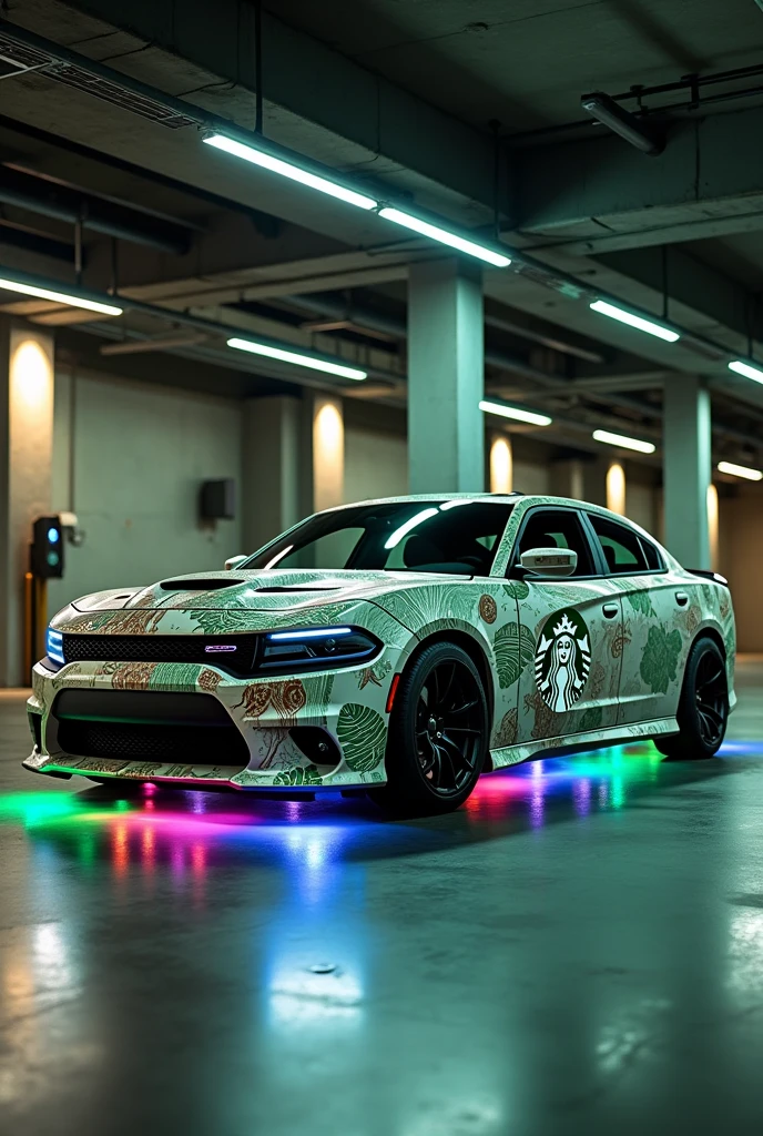 A 2023 dodge charger with a unique starbucks wrap and under glow