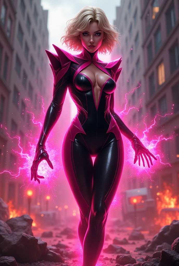 Seductive and Beautiful young woman with a soul of pure evil and hatred. Alluring shorthaired blonde supervillainess with energy blast powers.  Attacking a city snd killing random people.  A sinister smirk crosses her glossy lips.  Skintight pink and black costume accentuate her curves.