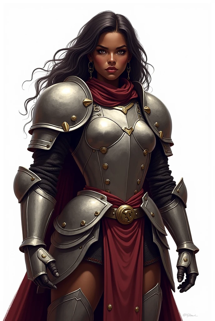 d&d, black female, Loose and wavy hair, heavy medieval armor that covers the entire body, Elsword, two tone lighting, hight contrast, dramatic light and shadow, Dramatic resources, color palette Vibrantes, white background, traditional comic art, cartoon artwork, menos realista, saturated colors, no details, simple comic art, simple medieval armor, no extravagance, heroic pose