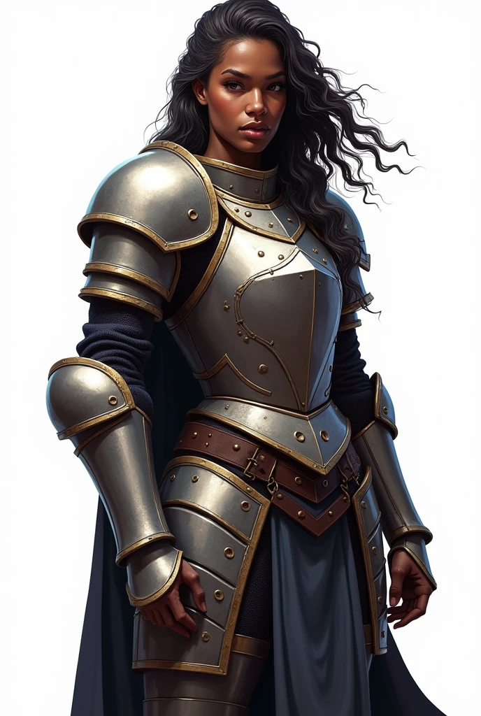 d&d, black female, Loose and wavy hair, heavy medieval armor that covers the entire body, Elsword, two tone lighting, hight contrast, dramatic light and shadow, Dramatic resources, color palette Vibrantes, white background, traditional comic art, cartoon artwork, menos realista, saturated colors, no details, simple comic art, simple medieval armor, no extravagance, heroic pose