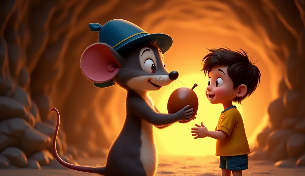 Show Remy, the liro mouse with the blue hat, holding the magical nut proudly, while Léo ((the boy)), in his yellow shirt, looks on with excitement. The cave interior is warm and glowing, highlighting the preciousness of the nut and the joy of the moment