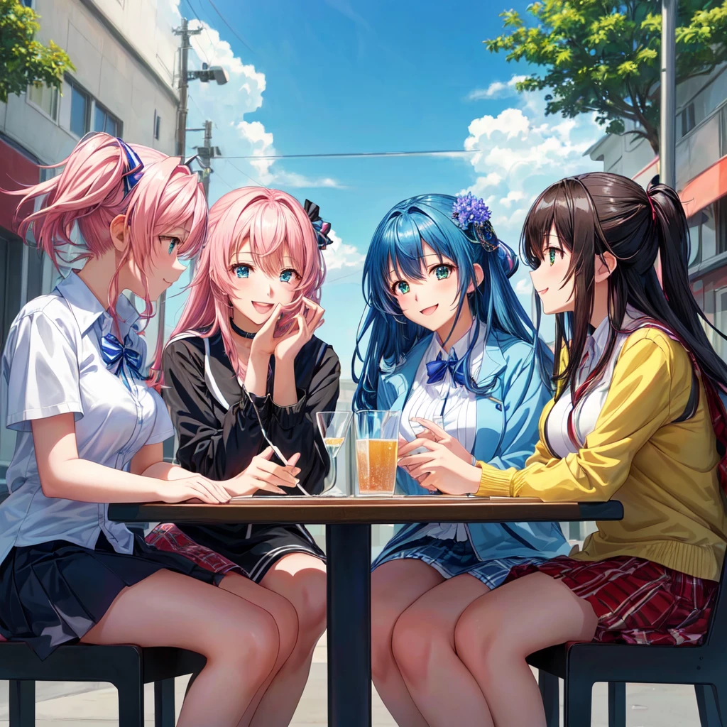 Three people sitting together at a table, Having a fun conversation,slice of life anime, anime girls, official anime still, Official Fan Art, ecchi anime style, in anime style, ( ( ( anime ) ) ), official studio anime still, 京都animeーション風, Hololive, realistic anime artstyle, digital anime art!!, High-quality artwork
