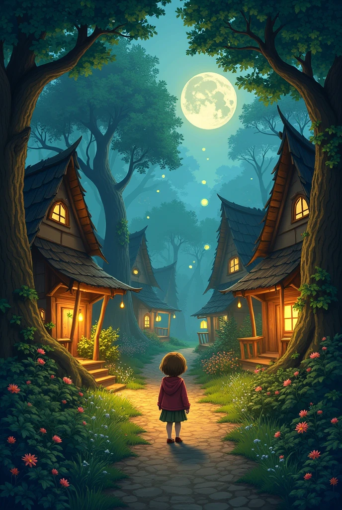 A quaint village nestled deep within a vibrant, enchanted forest. As the sun dips below the horizon, casting long, dancing shadows, a young villager discovers their pantry is empty. Strange, glowing orbs float mysteriously outside, leaving behind a trail of twinkling dust.