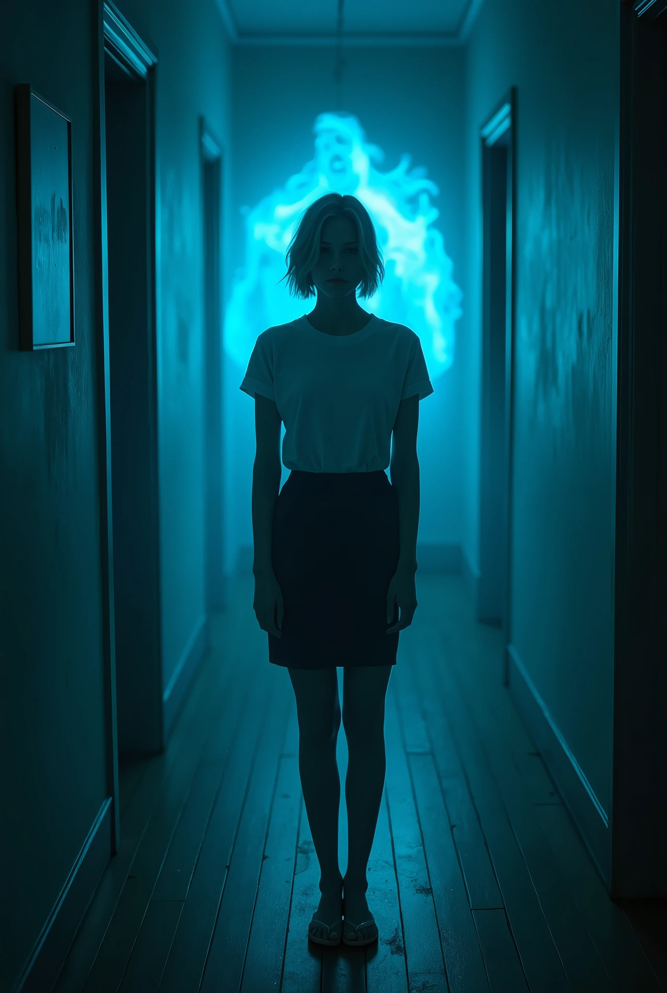 (photorealism:1.3), beautiful woman, swedish, blonde,sad, pensive, assistant, pencil skirt, 18yo, haunted house, wooden floor, blue lighting, hologram, projection,looking at camera, short hair, glowing blue around her face ,glow under skirt, endless hallway
