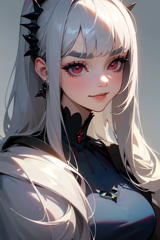 (Highest quality, masterpiece:1.2), High resolution, The highest masterpiece、Very detailed, Realistic:1.37, Fantasy, An illustration,Gray Hair、 Red eyes、Queen, Navy and blue dress、beautifully、Eyeshadow Red、Thick eyebrows、Long eyelashes、pupils are black、shiny on the lips、Top Sites、Queen、PRİNCESS、A kind smile、Soft impression、people々々Loved by、Slimming the face、Shoulder Bare、ponytail、Kissing Face、Long white hair、Shaggy Bangs、(Save face image).(Gothicta)、(A kind smile)、(Background white)、(パールのネックレス).