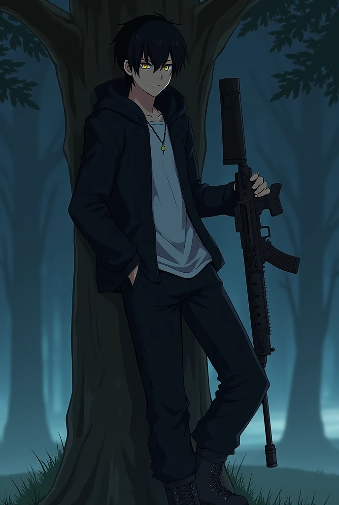 Anime style adult male with black hair covering his left eye, yellow eye color, has a little smile, They wear a black jacket with a white shirt, long black pants, with military boots, He holds a rifle in his right hand and is supporting it with his right shoulder., It is in a tree leaning against the trunk, it is nighttime.