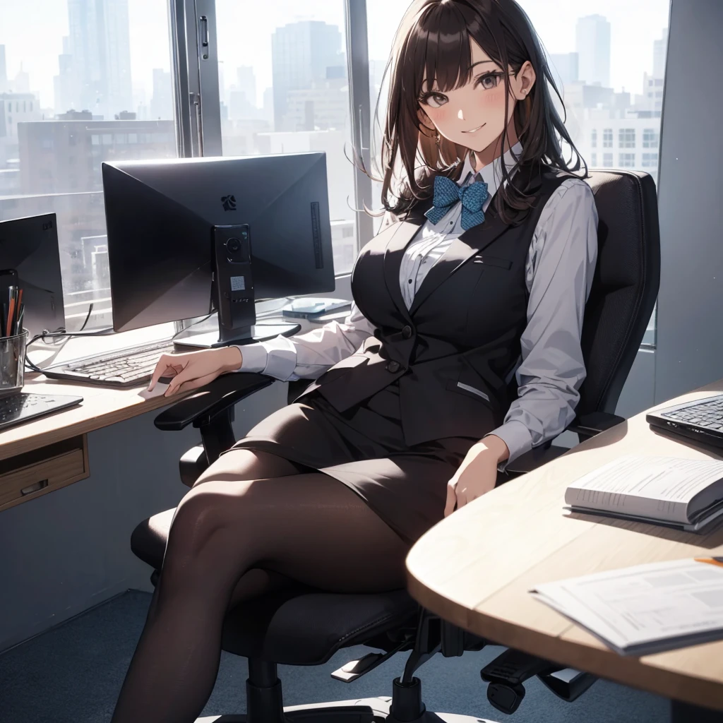 1lady sitting (crossed legs), office worker (stylish outfit), (gray vest) (pencil skirt), mature female, /(dark brown hair/) bangs, blush kind smile, (masterpiece best quality:1.2) delicate illustration ultra-detailed, large breasts, pantyhose BREAK (modern office indoors), window cityscape, detailed background