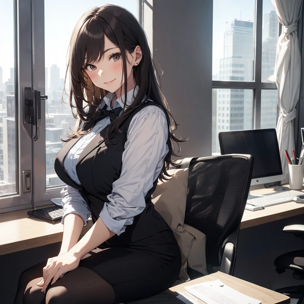 1lady sitting (crossed legs), office worker (stylish outfit), (gray vest) (pencil skirt), mature female, /(dark brown hair/) bangs, blush kind smile, (masterpiece best quality:1.2) delicate illustration ultra-detailed, large breasts, pantyhose BREAK (modern office indoors), window cityscape, detailed background