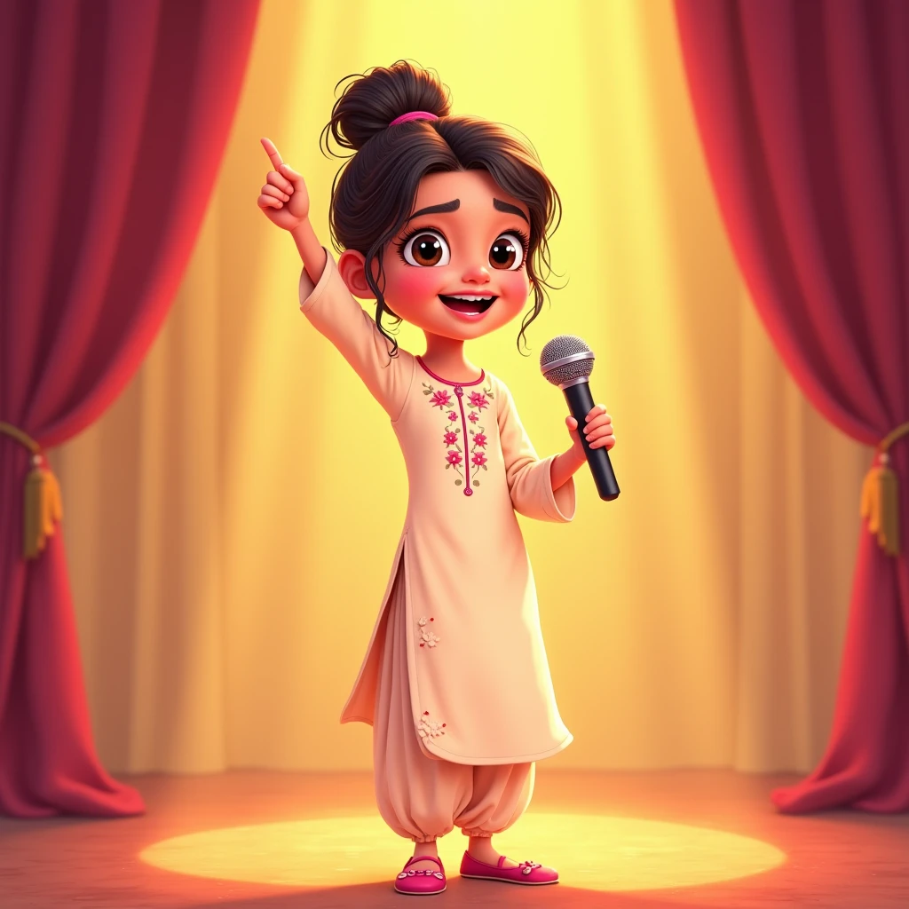 Lily, (highest quality, 4k, masterpiece:1.3), A young Pakistani Muslim girl wearing a traditional cream shalwar kameez with pink floral embroidery, as seen in previous images. Her hair is styled in a neat bun with loose strands framing her face, identical to earlier frames. She stands confidently, holding the microphone with one hand, both hands raised joyfully, the other hand pointing upward. The image is in a 2D animation style, with bright colors, cartoonish features, and soft, smooth shading. The background shows soft curtains, warm stage lighting, and a playful, joyful atmosphere. Clear outlines, simple textures, and an illustrated, digital painting look. (Cream shalwar kameez, pink floral embroidery, consistent outfit:1.3), (same hairstyle as before, no changes to hair:1.3), (identical dress details to earlier images:1.3)