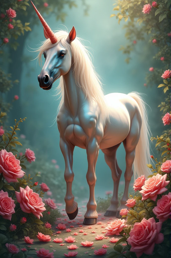 a beautiful and magical unicorn with roses around it