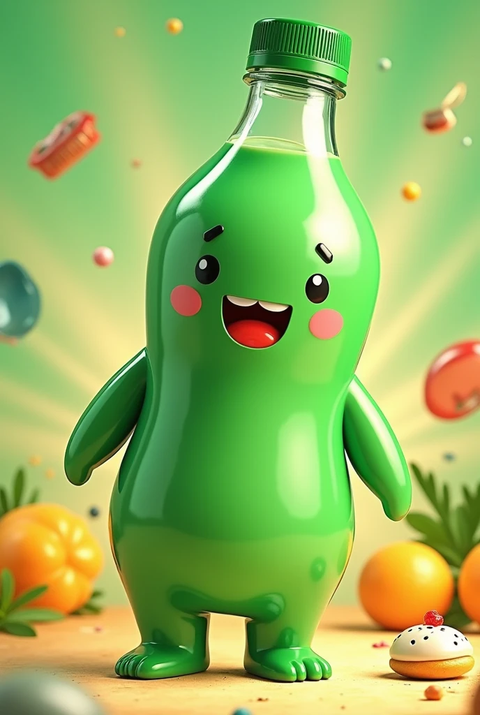 green pet bottle with human features, dollynho soda mascot