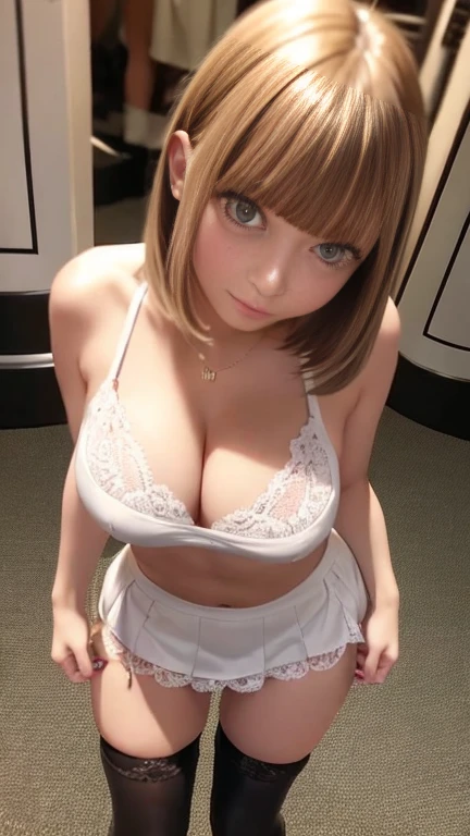 Knee-high high-heeled boots、(Mini skirt with slit)、pullジップパーカー、Cleavage、belly button、tights、One 2 woman、Short Bob Hair、Medium breast、Slender body、Slim and beautiful legs、Pier at night、Standing leaning against a pillar、masterpiece:1.3、Raw photo quality、Highest quality、Detailed Images、Detailed Background、White lace panties、pull、